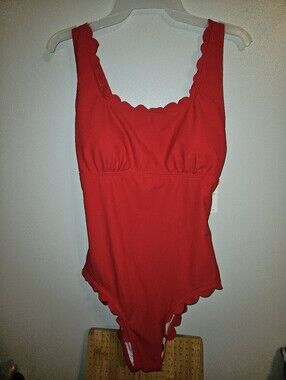 NWT Charmo Red Ribbed One Piece Swimsuit Scallop Trim UPF 50+ Size M